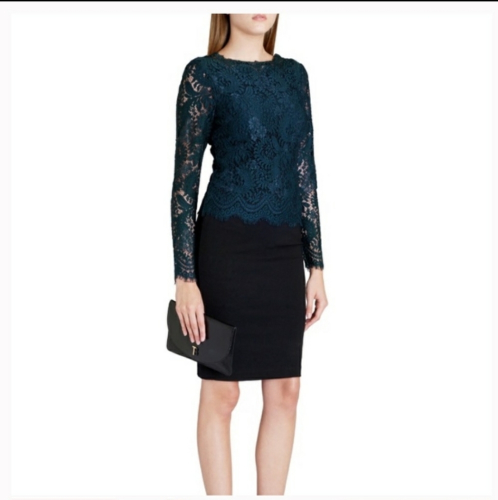 Ted Baker Forest Green Lace Dress w/ Black Sheath
